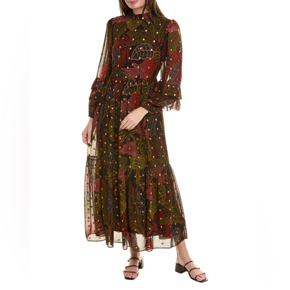 FARM Rio Black Rainforest Maxi Dress XS NWT Floral Boho Puff Sleeve Gold Detail